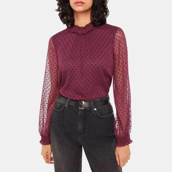Burgundy Dobby Velvet Shirred Top - Red