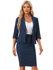 Business Skirt Suit Set for Women's 2 Piece Office Work Outfit Collarless Blazer Pencil Skirt Navy Blue M