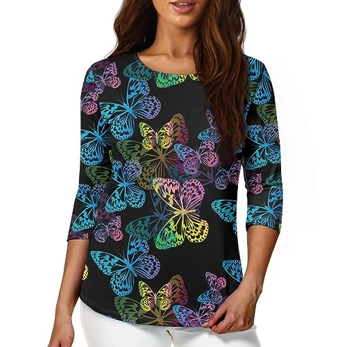 Butterfly Shirts for Women Long Sleeve 3/4 Length Tee Shirt Small Size Casual Workout Tops Fall Clot