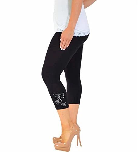 Butterfly Studded Soft Leggings For Women UK Cropped Ladies Pants Footless Tights For Women Plus Size Ladies Work Trousers Casual Lightweight 3/4 length leggings Black 20