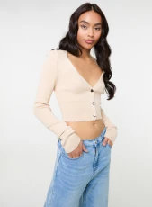 Button Front Cropped Cardigan / STONE