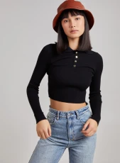 Button Front Ribbed Top BLACK