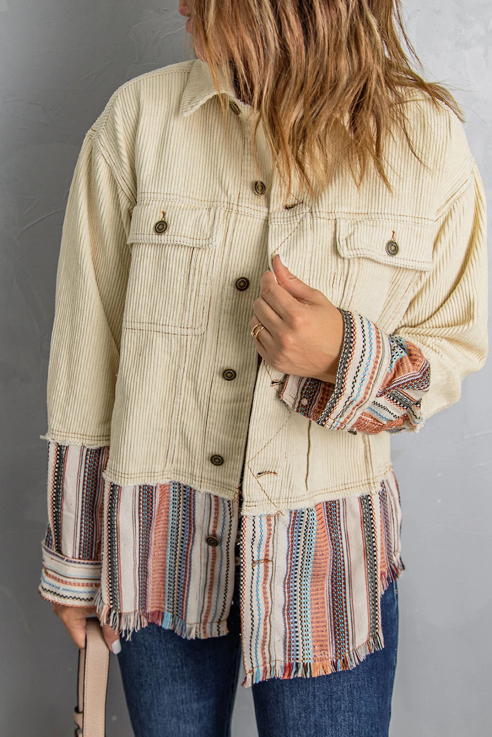 Button Up Pockets Striped Color Block Corduroy Jacket - BEIGE / / 100%POLYESTER