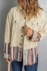 Button Up Pockets Striped Color Block Corduroy Jacket - BEIGE / / 100%POLYESTER