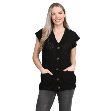Button up Sleeveless Cardigans for Women UK, V Neck Knitted Vest Women, Ladies Cardigans with Pockets, Womens Sleeveless Cardigans for Winters, 5 Buttons Cable Knit Cardigan Women Black