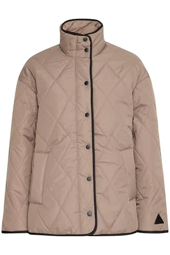 BYBelis Women's Quilted Transition Jacket with Press Studs, Stand-Up Collar, Pockets, Loose Fit, Walnut (181112), 18