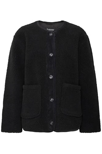 BYCOTTY Women's Plush Jacket, Teddy Jacket, Transition Jacket with Pockets and Imitation Horn Buttons, Relaxed Fit, Black (200451), 16