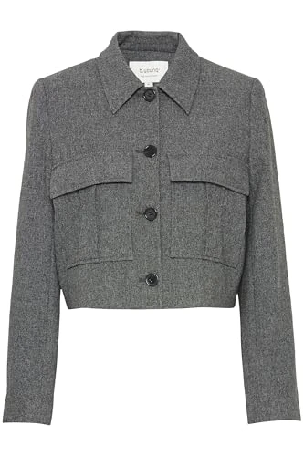 BYEtona Women's Short Jacket, Transition Jacket, Blazer, Jacket with Buttons, Turn-Down Collar, Chest Pockets, Slightly Elastic, Loose Fit, Mid Grey Melange (200455), 20