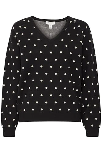 Bymiran Women's Knitted Jumper Fine Knit Pullover V-Neck Polka Dot Regular Fit, Black Mix (200453), 