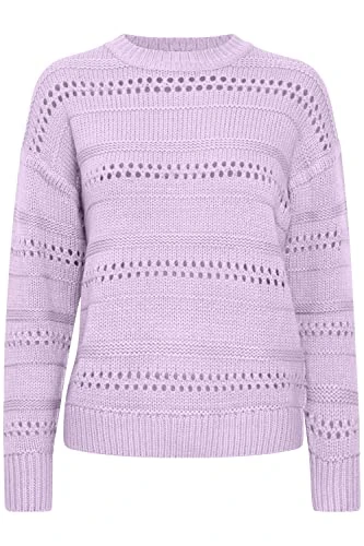 BYOTINKA Pointelle Jumper Women's Knitted Jumper Hole Knit Chunky Knit Pullover with Crew Neck, Purple Rose (153716), XXL