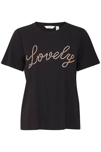 BYUlovely Women's Short-Sleeved T-Shirt with Print Crew Neck Elastic Regular Fit, Black (200451), XL