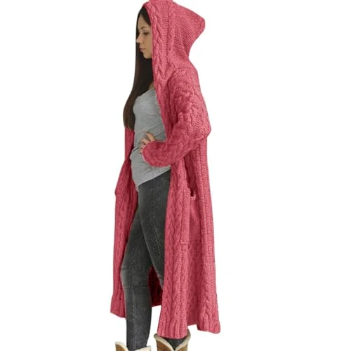 Cable Knit Cardigan for Women Thermal Hooded Neck Solid Knitwear Maxi Coat Oversized Longline Hooded Cape Jumpers Cardigan Loose Fit Soft Abrasion Casual Ladies Tunic Top for Fall Winter (Pink, 5XL)