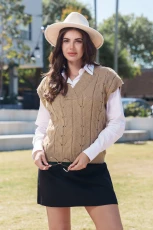 Cable Knit V-Neck Jumper Vest - Khaki