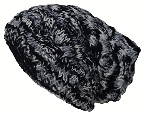 Cable Knit Winter Fleece Lined Slouch Beanie Wool Rasta Hat Black Tie Dye