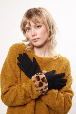 Cadhla Faux Suede And Fur Cuffed Touch Screen Gloves - Black