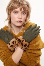Cadhla Faux Suede And Fur Cuffed Touch Screen Gloves - Green
