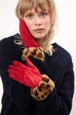 Cadhla Faux Suede And Fur Cuffed Touch Screen Gloves - Red