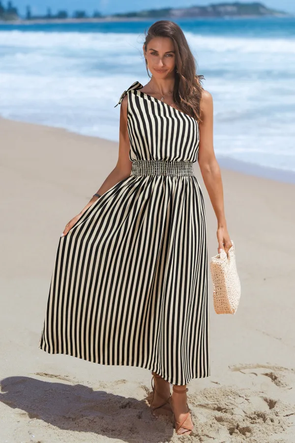 Caf Date Striped Maxi Dress - Black
