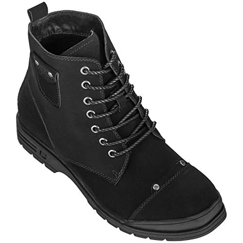 CALTO Men's Invisible Height Increasing Elevator Shoes - Black Nubuck Leather Lace-up Military Style