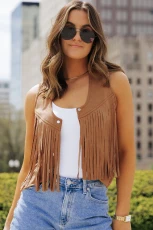 Camel Fringed Snap Button Front Suedette Sleeveless Jacket - CAMEL / / 90%POLYESTER+%ELASTANE Camel Fringed Snap Button Front Suedette Sleeveless Jacket - CAMEL / / 90%POLYESTER+%ELASTANE