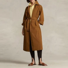 Camel Longline Tie Waist Cotton Coat - Brown Camel Longline Tie Waist Cotton Coat - Brown