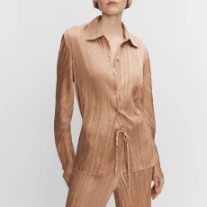 Camel Satin Pleated Shirt - Brown