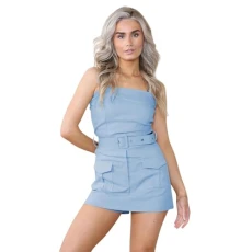 Cami Skort Playsuit -Women's Skort Cargo Style Belted Bandeau Playsuit Dress with Pockets Stylish and Practical Romper Set with Sleeveless Perfect for Summer Adventures Baby Blue Medium