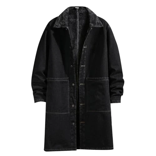 Mens Winter And Autumn Loose Casual Denim Trench Coat Long Coat Sweatshirts for Men Jackets (Black, XXL)