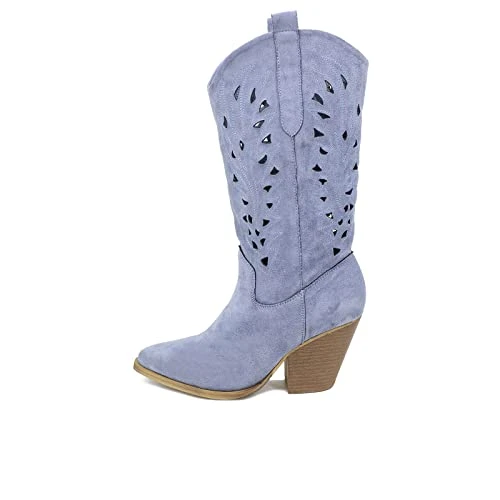 Camperos Texan Boots with Western Heel Perforated Comfortable Suede Women X26-102 (Blue, numeric_36)