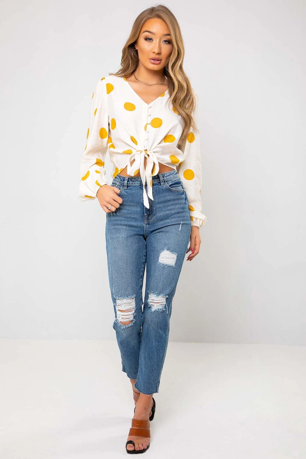 Canary Mustard Spot Tie Front Top Yellow /