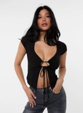 Cap Sleeve Keyhole Crop Top BLACK