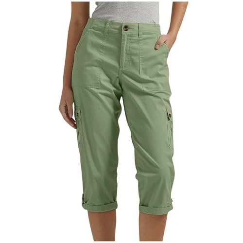 Capri Pants for Women UK Summer Culottes Ladies Solid Cargo Cropped Trouser Trendy Straight-Leg Pock