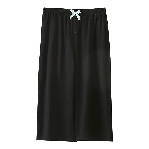 Capri Pyjama Bottoms for Women Casual Summer Pants Wide Comfortable Short Sleep Pants with Wide Leg Pockets Puff Dress, black, XL