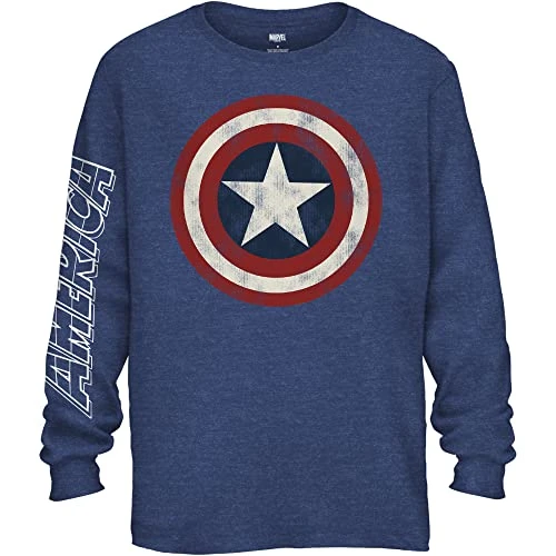 Captain America Distressed Shield Logo Mens Long Sleeve T-Shirt(SM, LS Navy)