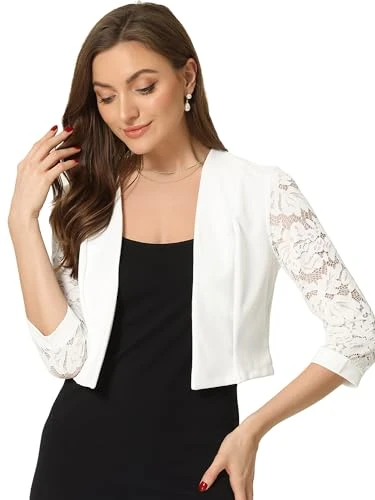 Cardigan Dress for Women's Lace Panel Open Front Long Sleeve Work Office Crop Bolero Shrug White L