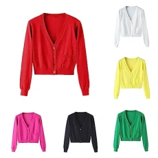 Cardigan Women's Short Cotton with Pockets Elegant V-Neck Spring Autumn Knitted Cardigan Lightweight Long Sleeve Cardigan Plain Cardigan Top Slim Fit Tailored Button Down Top, Green, L