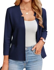 Cardigans for Women Elegant Open Front 3/4 Sleeve Blazer Jacket Business Outfit with Pockets Lightweight L Navy Blue