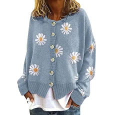 Cardigans for Women UK Cropped Knit Cardigan Sweater Ladies Casual Embroidered Button Down V-Neck Loose Knitwear Jumper Jacket Cute Daisy Cardigans Womens Sweaters Tops Blue M