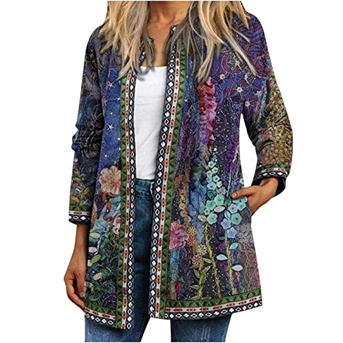Cardigans for Women UK Trendy Printed Long Sleeve Jacket Tops with Pockets Vintage Lightweight Button Cardigan Business Casual Office Work Loose Fit Blouse Top