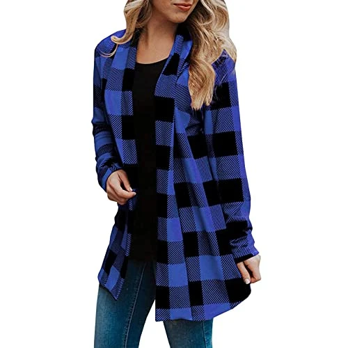 Cardigans for Women UK Winter Plaid Printed Long Sleeve Coat Trendy Elegant Long Dressy Loose Fit Cardigan Oversized Lightweight Comfortable Office Work Outerwear Tops