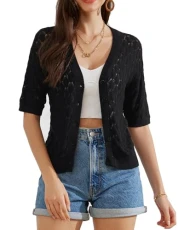Cardigans for Women UK Women Elegant V-Neck Sweater Short Sleeve Cardigan Black L