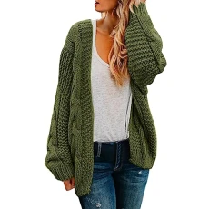 Cardigans for Women UK Women's Long Sleeved Solid Color Thick Needle Knit Mid Length Loose Coat Cardigan Women's Cable Knit Sweater (Green, L)