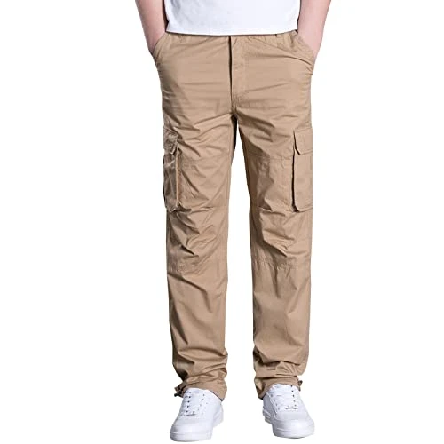 Cargo Pants Men Promotion Solid Color Cotton Wear-resistant Trousers with Multi-pockets Elastic Wais