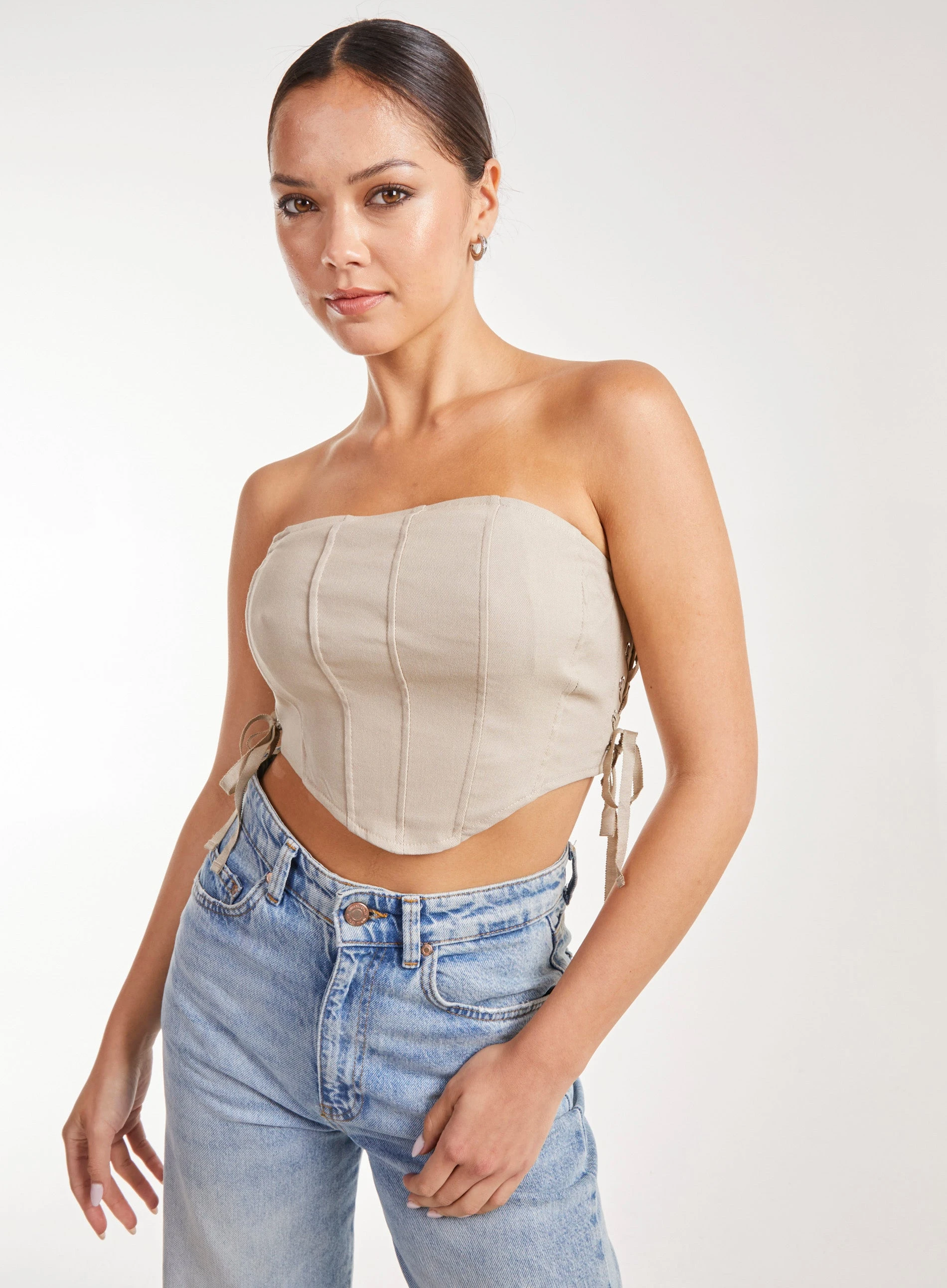 Cargo Side Lace Up Corset Bandeau Top  - S  - Stone