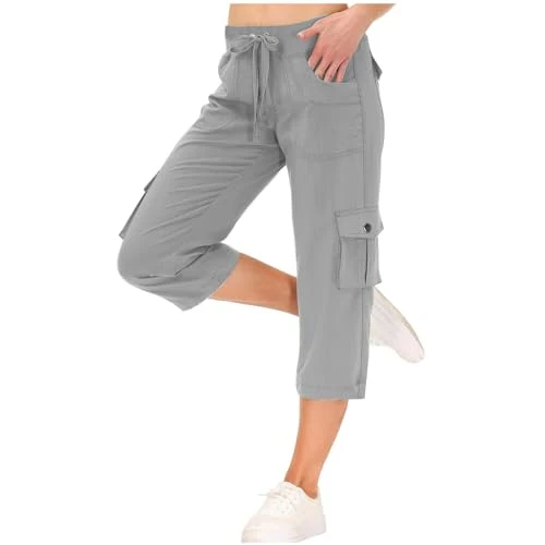 Cargo Trousers Women UK Straight Leg Crop Jogger Pants Drawstring Elasticated Waist Bottom Cotton St