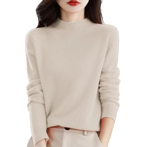 Cashmere Jumpers Ladies Women's Semi Turtleneck Sweater Long Sleeve Solid Color Pullover with A Base Shirt Autumn and Winter Warm Loose Sweater Jumpers for Women UK Beige