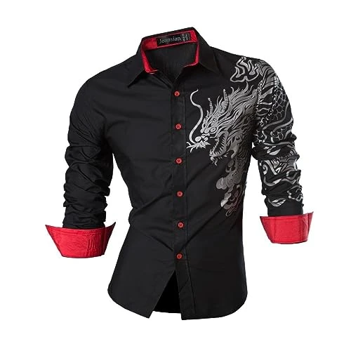 Casual Button-Down Shirts Long Sleeve Print Dress Shirts K037_Black_M