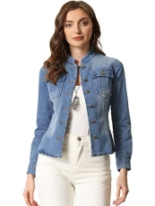 Casual Denim Jacket for Women's Classic Stand Collar Long Sleeve Jean Jackets Blue XL