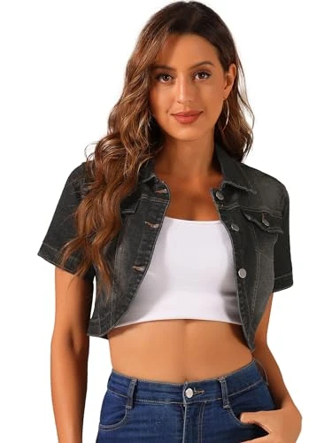 Casual Denim Jacket for Women's Turndown Collar Short Sleeves Crop Jean Jackets Black M