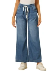 Casual Denim Pants for Women's Drawstring Elastic Waist Wide Legs Jeans Blue XL